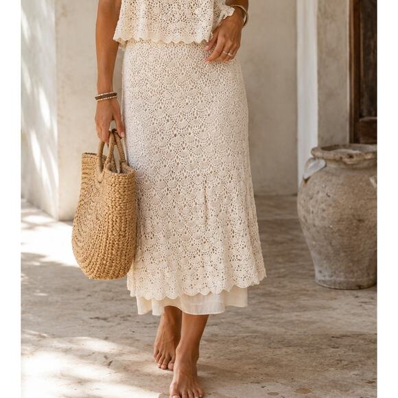 Vintage Dresses & Skirts - Vintage Crochet Cotton Midi Skirt Cream Size Small Boho Coquette Softgirl Look